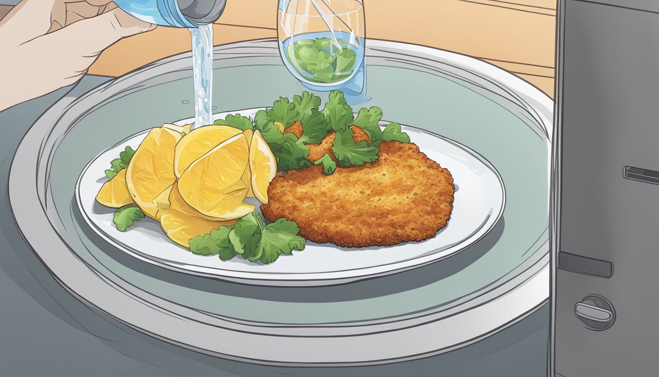 A plate of chicken milanese being placed in a microwave next to a glass of water