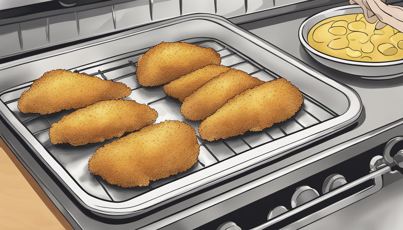 A plate of chicken milanese being placed in a preheated oven on a baking sheet