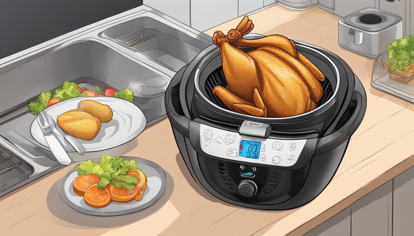 A chicken milanese sits inside an air fryer, surrounded by hot air, with the appliance's digital display showing the timer counting down