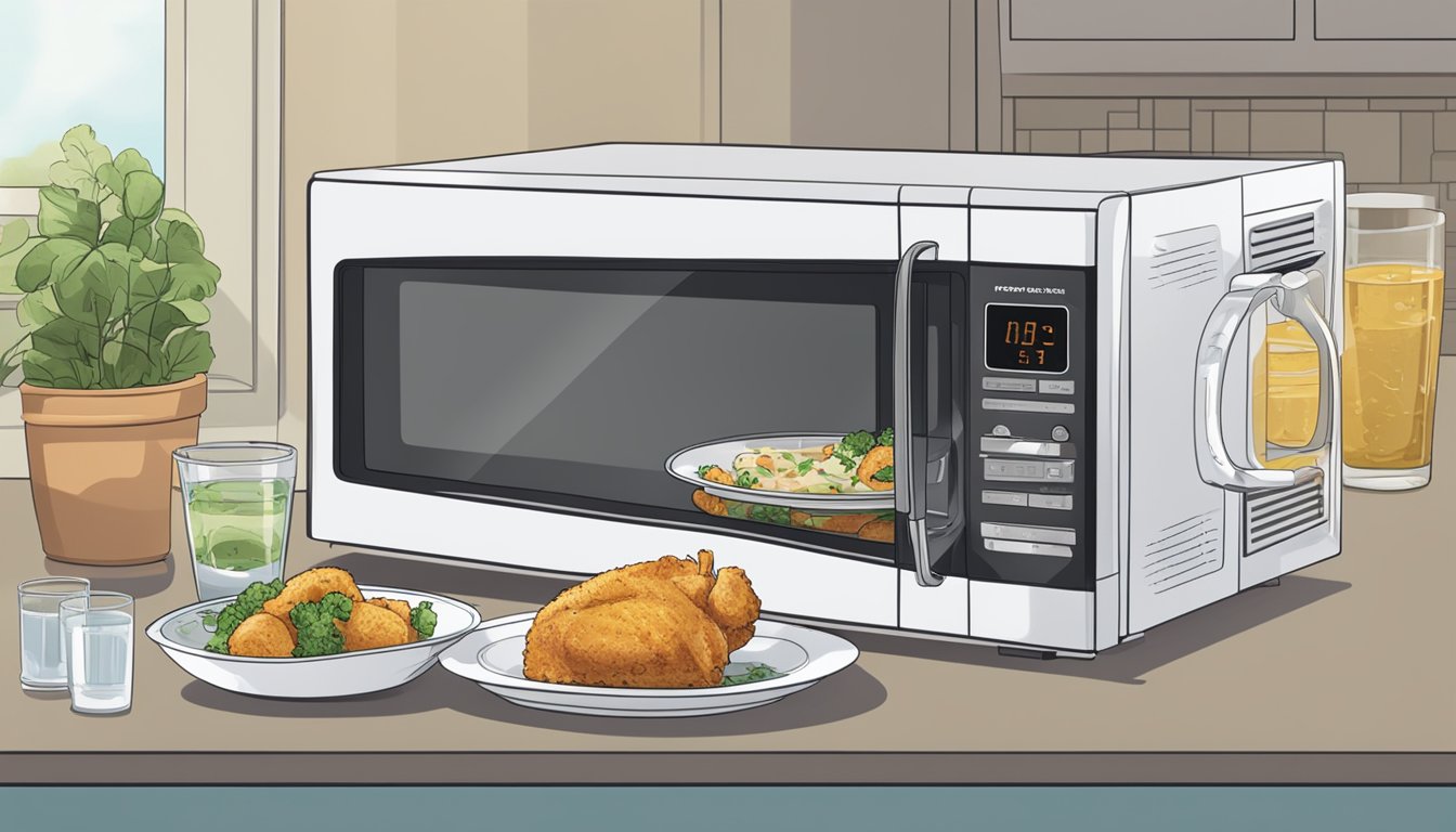 A plate of chicken milanese sits in a microwave next to a glass of water. The microwave's digital display reads "1:30" as the food reheats