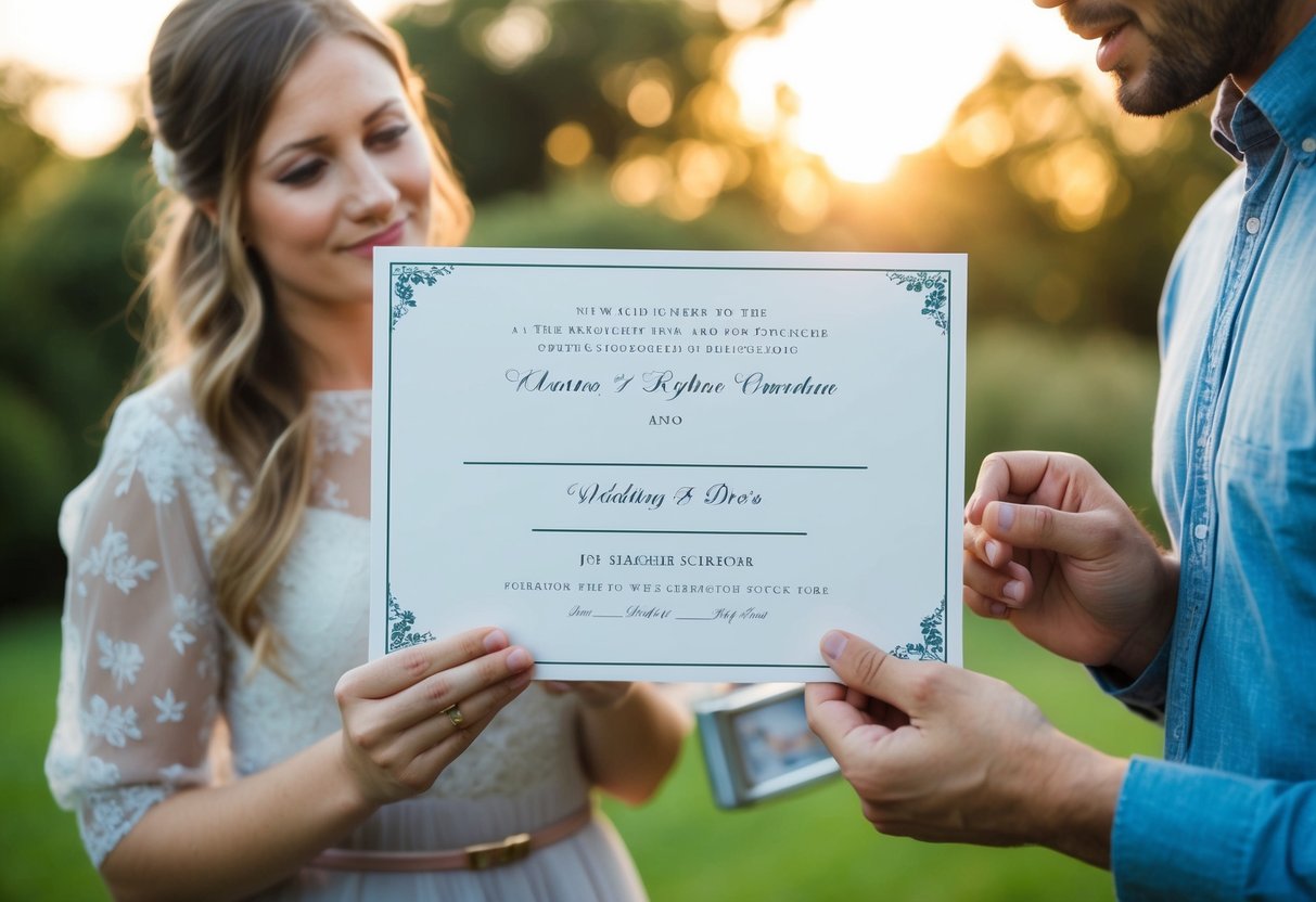 A wedding invitation with two blank lines for guest names, and a couple standing together, looking at the invitation with puzzled expressions