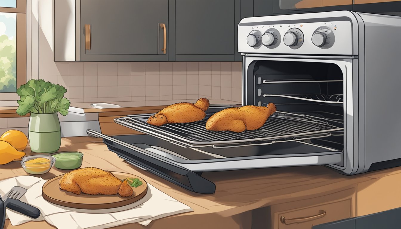 A person using an oven or air fryer to reheat a chicken milanese on a baking sheet