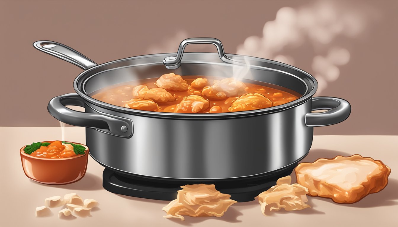 A steaming pot of chicken paprikash being reheated on a stovetop, with the rich red sauce bubbling and the tender chicken pieces soaking up the flavors