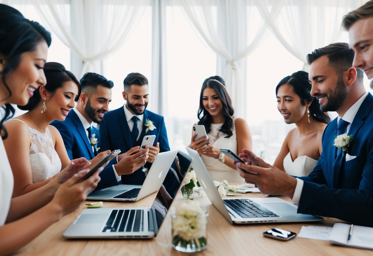 A group of wedding guests using smartphones and laptops to plan and coordinate wedding details, with a focus on digital invitations and guest lists