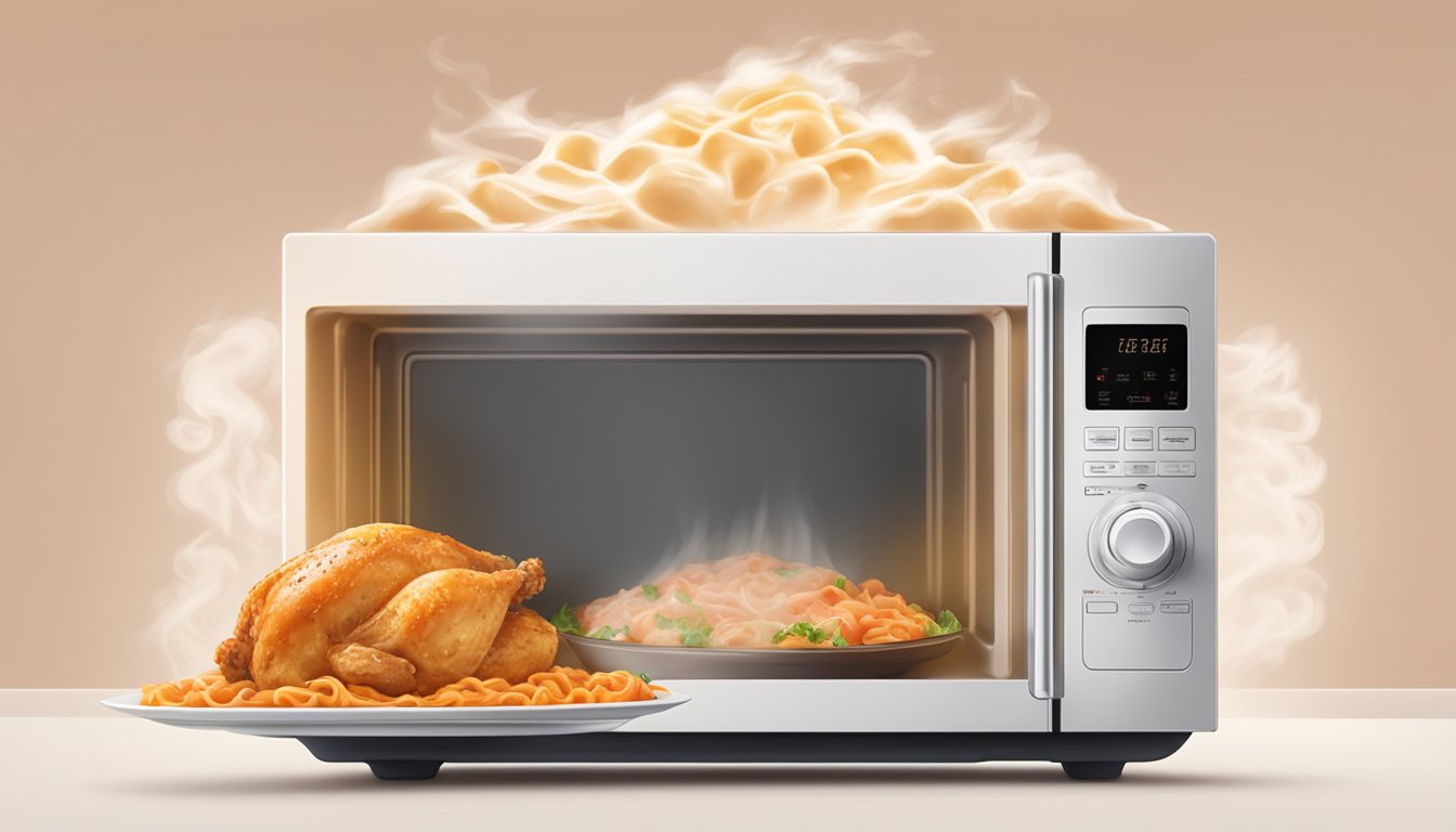 A microwave with a plate of chicken paprikash inside, steam rising from the dish