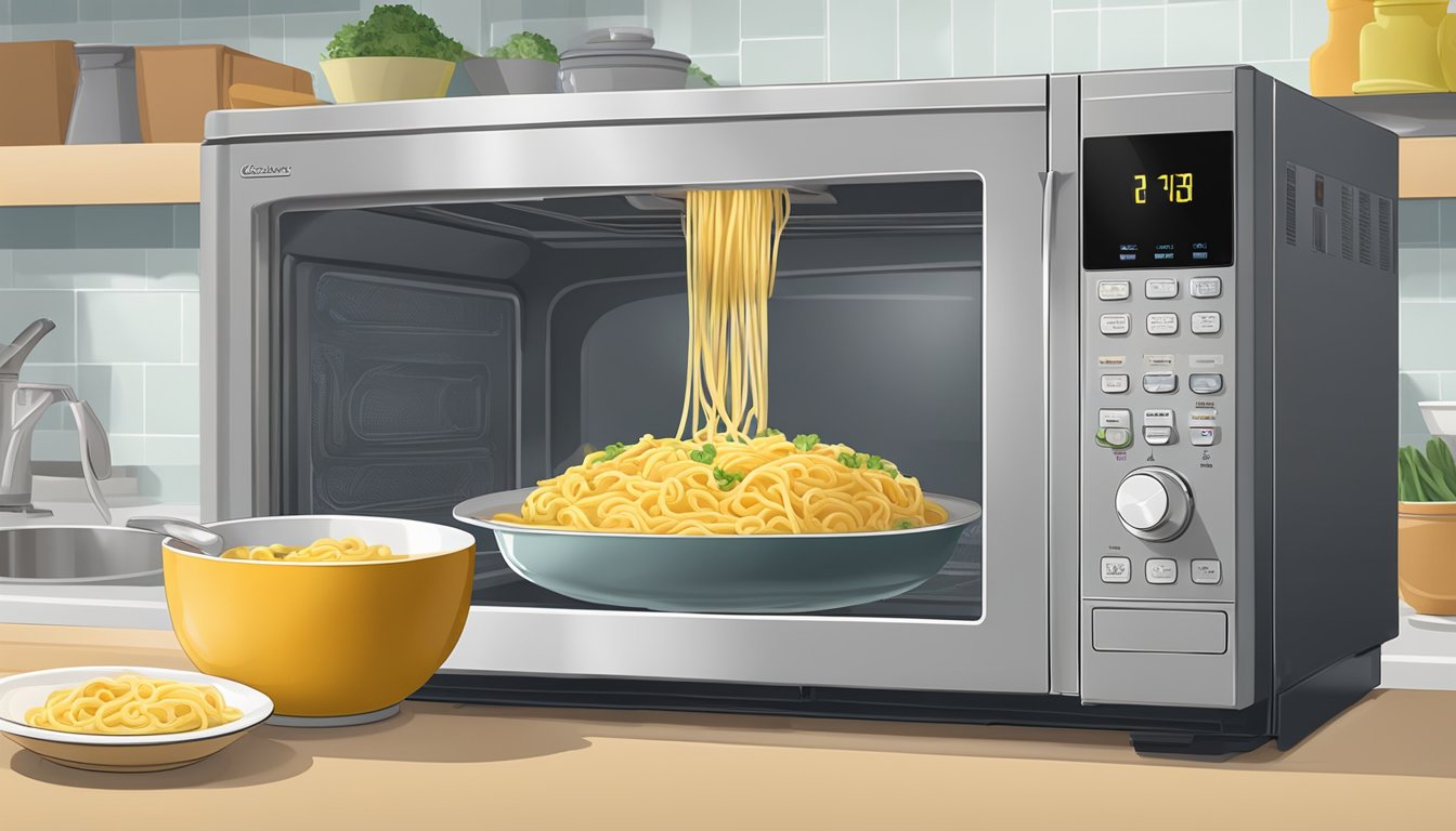 A chicken noodle casserole being placed in a microwave with a cover to prevent splattering