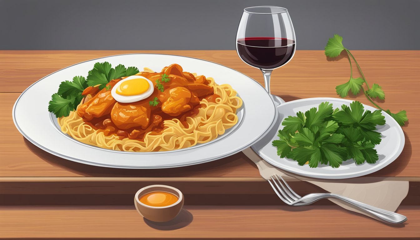 A plate of reheated chicken paprikash with a side of buttered egg noodles, garnished with fresh parsley and a glass of red wine on a wooden table