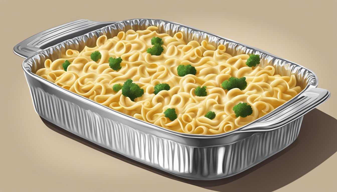 A baking dish filled with chicken noodle casserole, covered in foil, placed in the oven