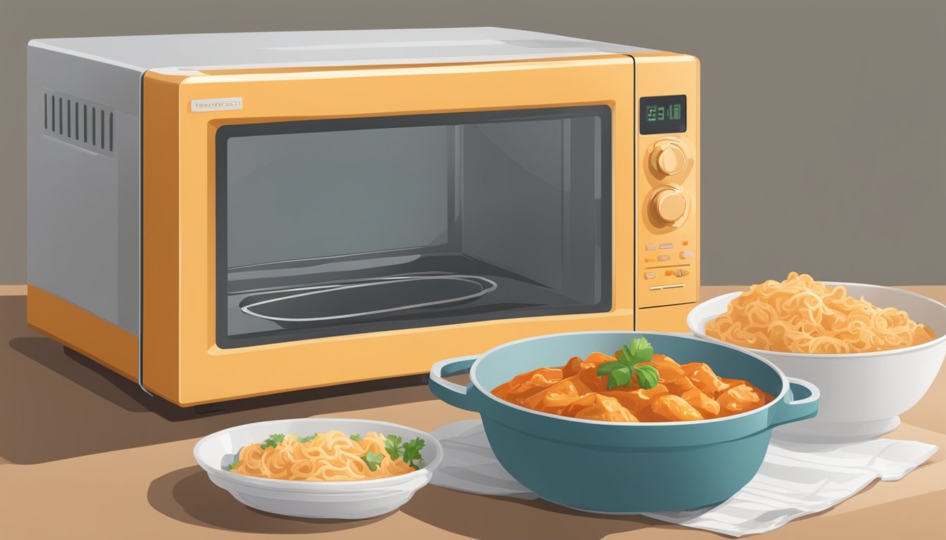 A microwave-safe dish with chicken paprikash covered in plastic wrap, next to a microwave oven