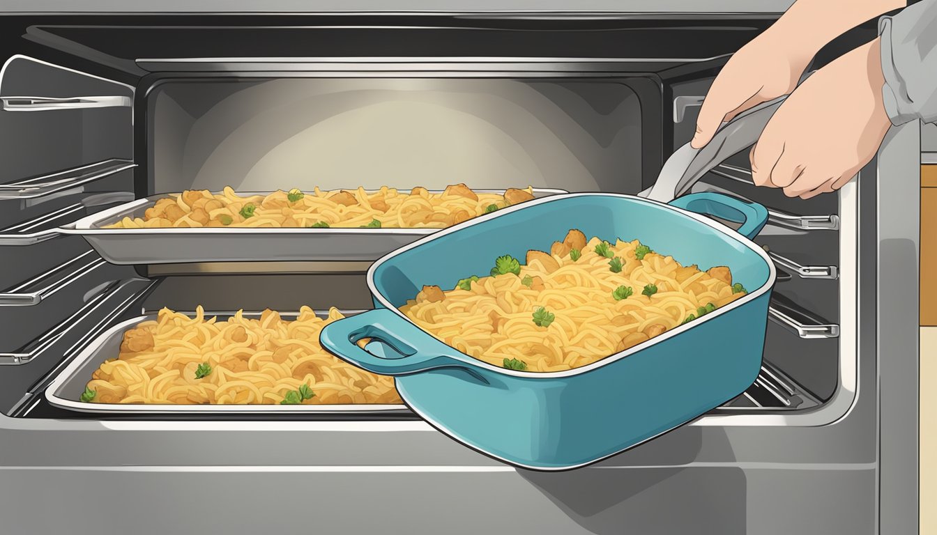 A casserole dish filled with chicken noodle casserole being placed in a preheated oven