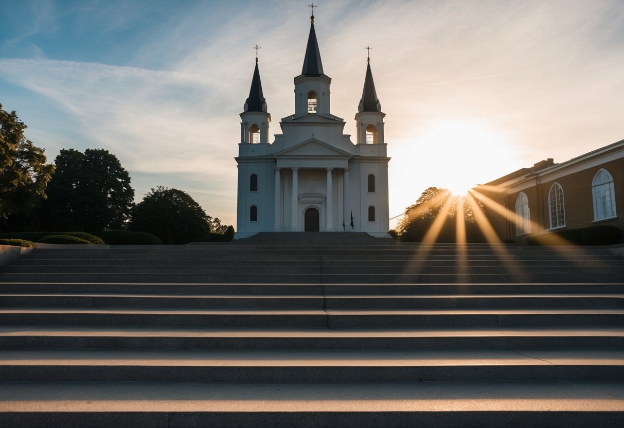 A sun setting behind a grand church, casting long shadows on the empty church steps