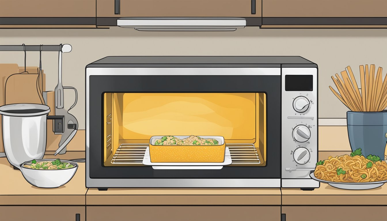 A microwave and oven next to each other with a chicken noodle casserole inside each, emitting steam