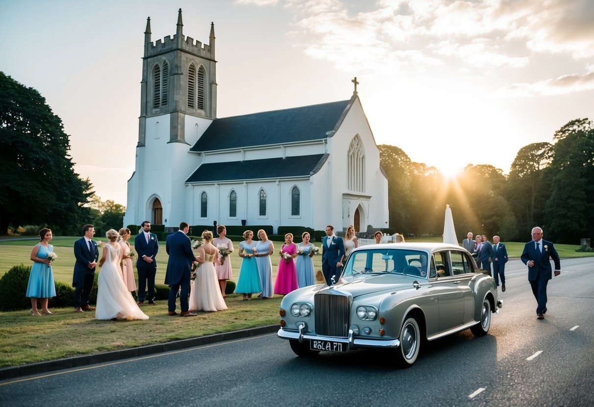 Guests waiting outside a grand church, with the sun setting behind it, as a vintage car pulls up and a late arrival rushes to the entrance