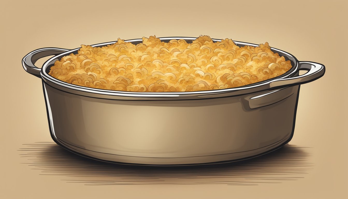 A golden-brown chicken noodle casserole sits in a baking dish, with a crispy topping perfectly reheated in the oven