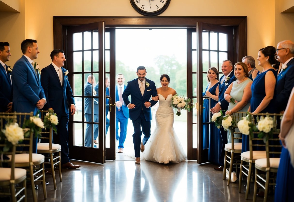 A clock striking 5:00 as a wedding ceremony begins, with guests rushing in through the open doors