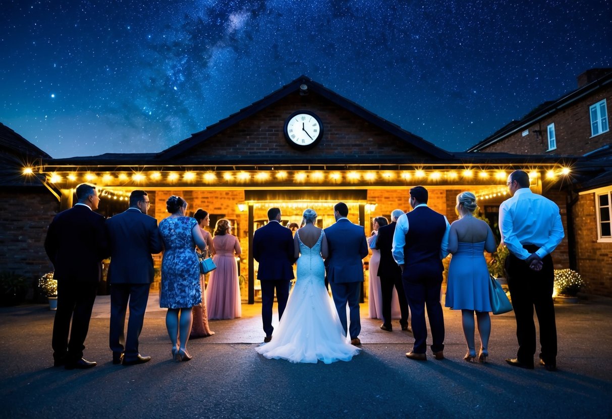 Guests waiting outside a wedding venue at night, under a starry sky, with twinkling lights and a clock showing a late hour