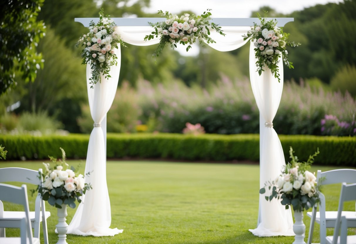 A white wedding arch adorned with flowers and draped with sheer fabric stands in a lush garden, ready for a ceremony