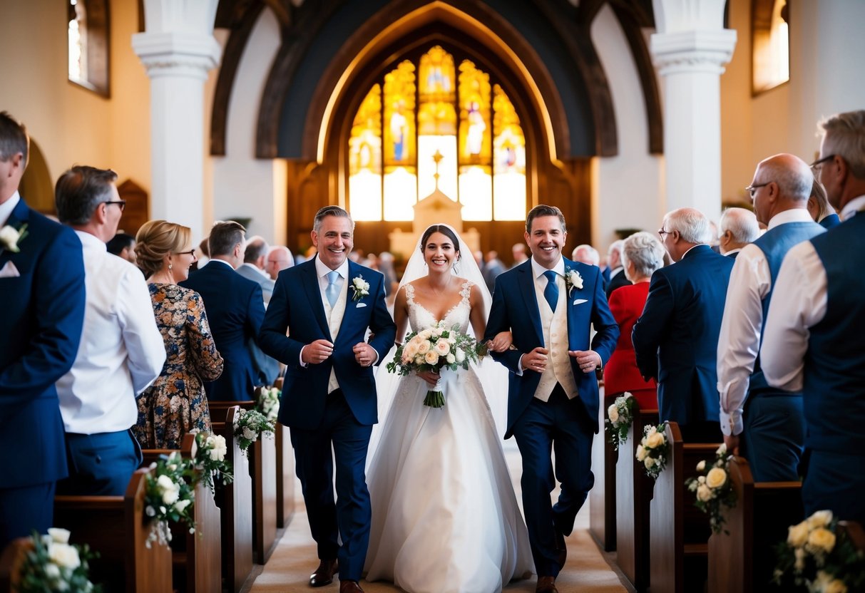 Guests rushing to enter a grand church as the wedding ceremony begins, with the sun setting in the background