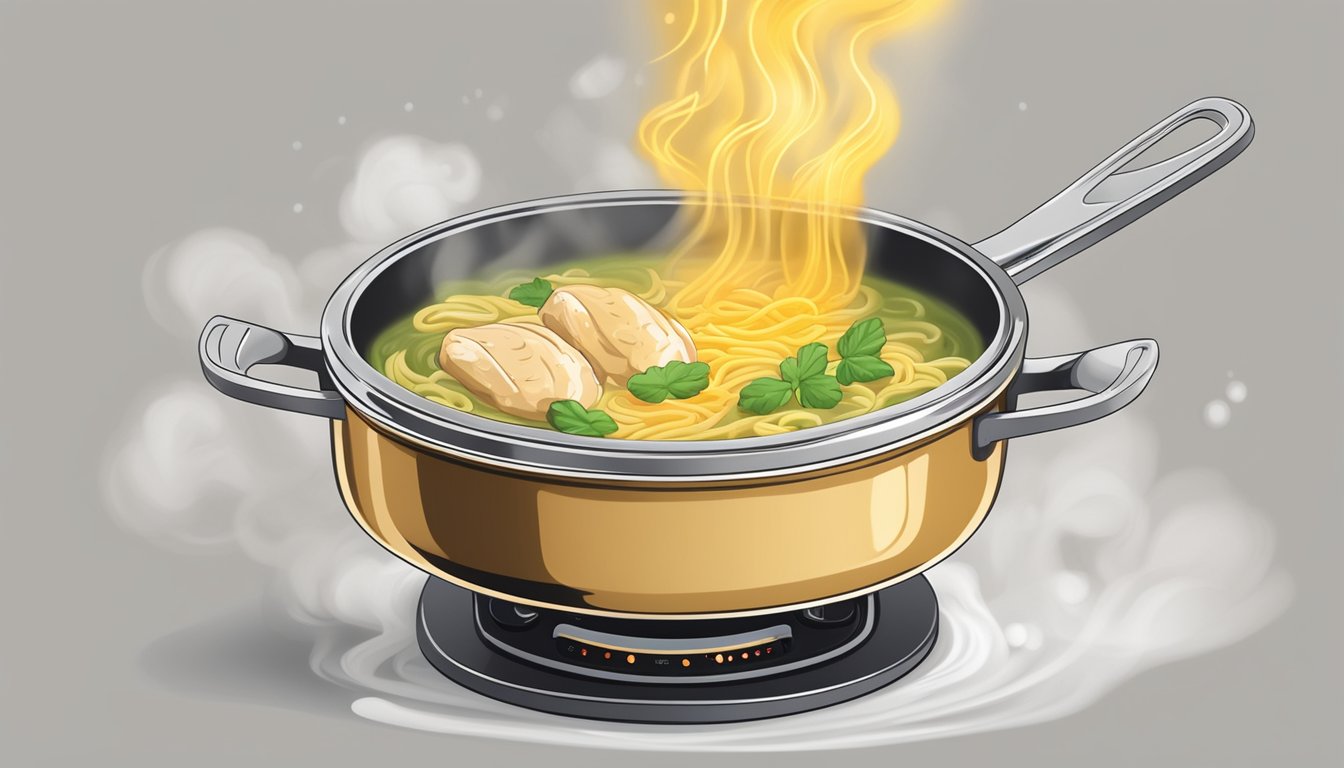 A pot of chicken noodle soup being reheated on a stovetop, steam rising from the bubbling liquid