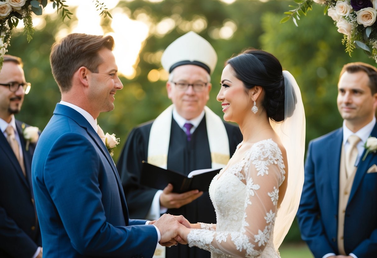 A bride and groom standing before an officiant, exchanging vows in a traditional ceremony