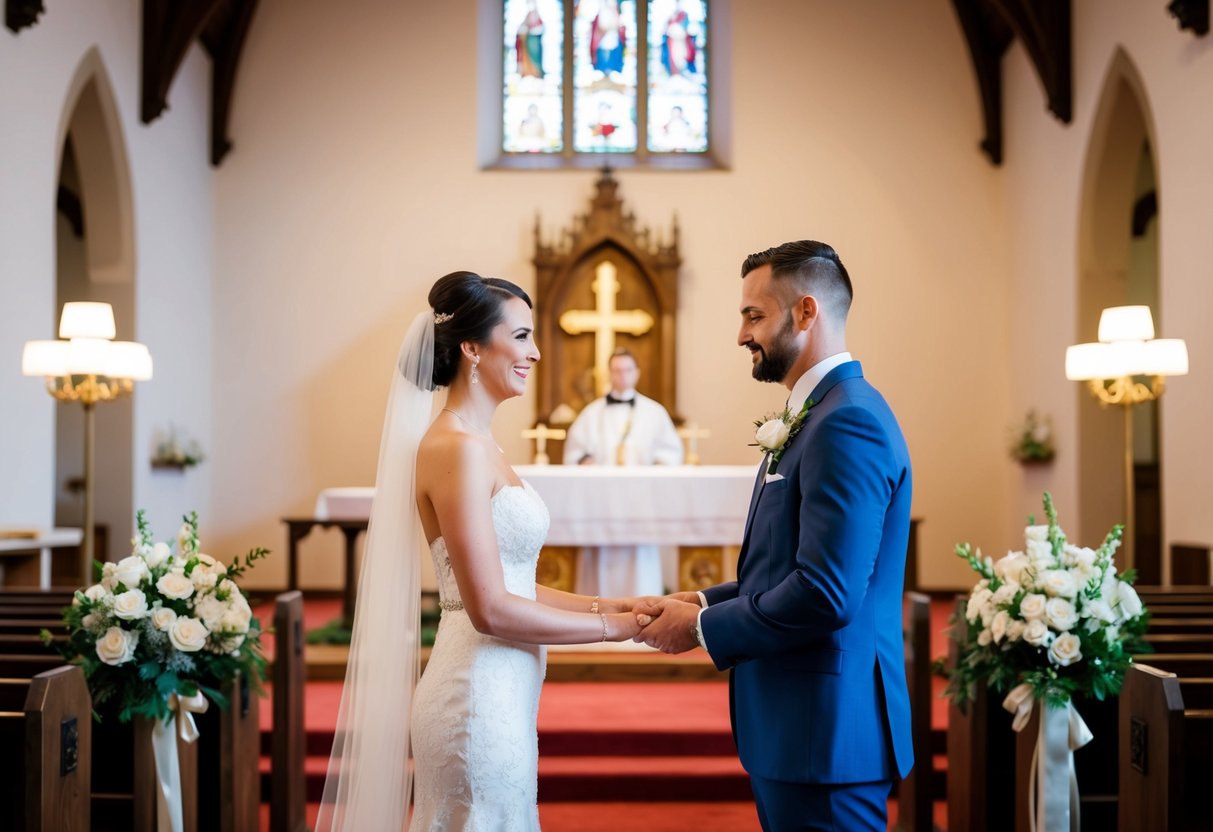A bride and groom standing at the altar, exchanging vows in a traditional church setting