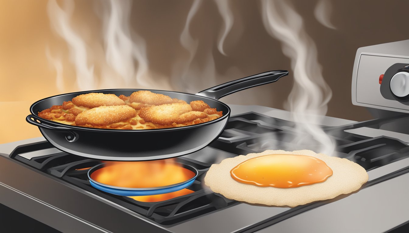 A skillet on a stovetop with sizzling chicken parmesan being reheated, steam rising from the golden-brown crust, creating an appetizing aroma