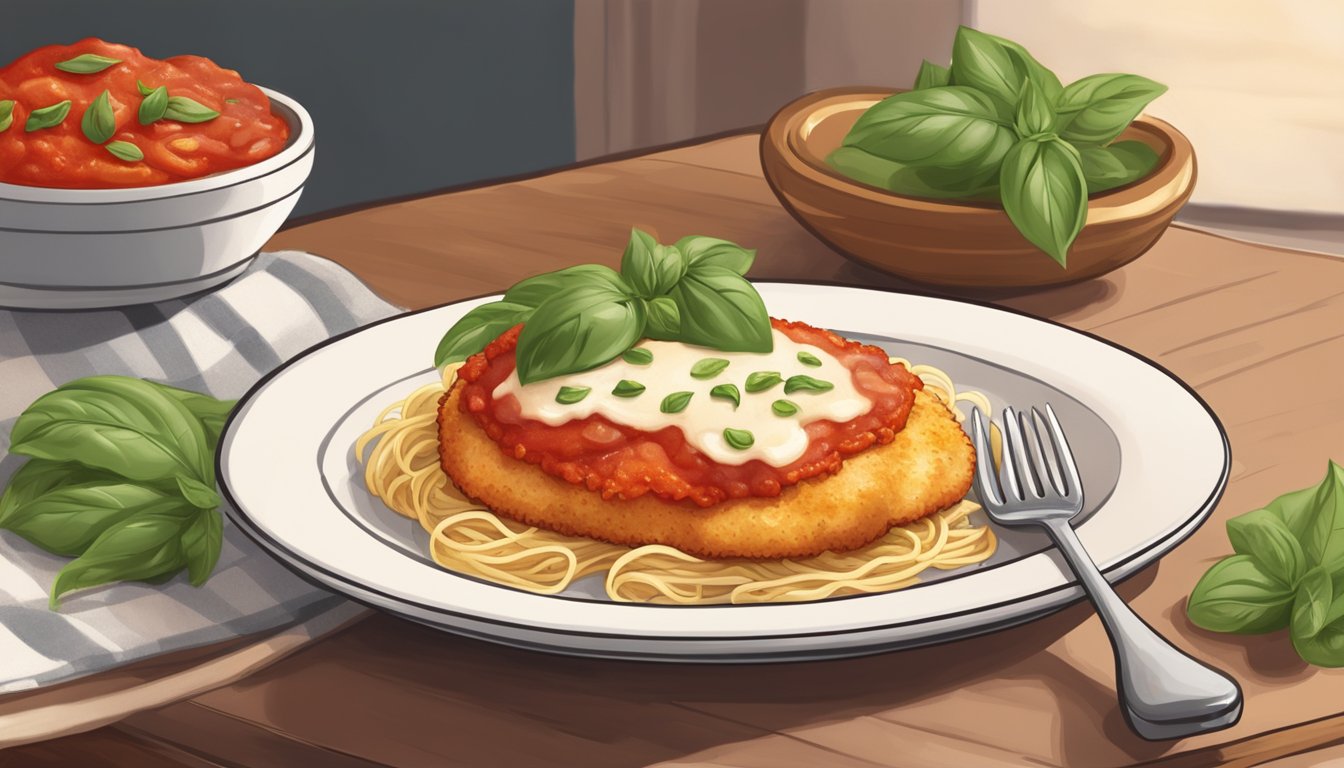 A plate of chicken parmesan being heated in the oven with a golden, bubbling cheese topping. A side of steaming marinara sauce and a garnish of fresh basil leaves