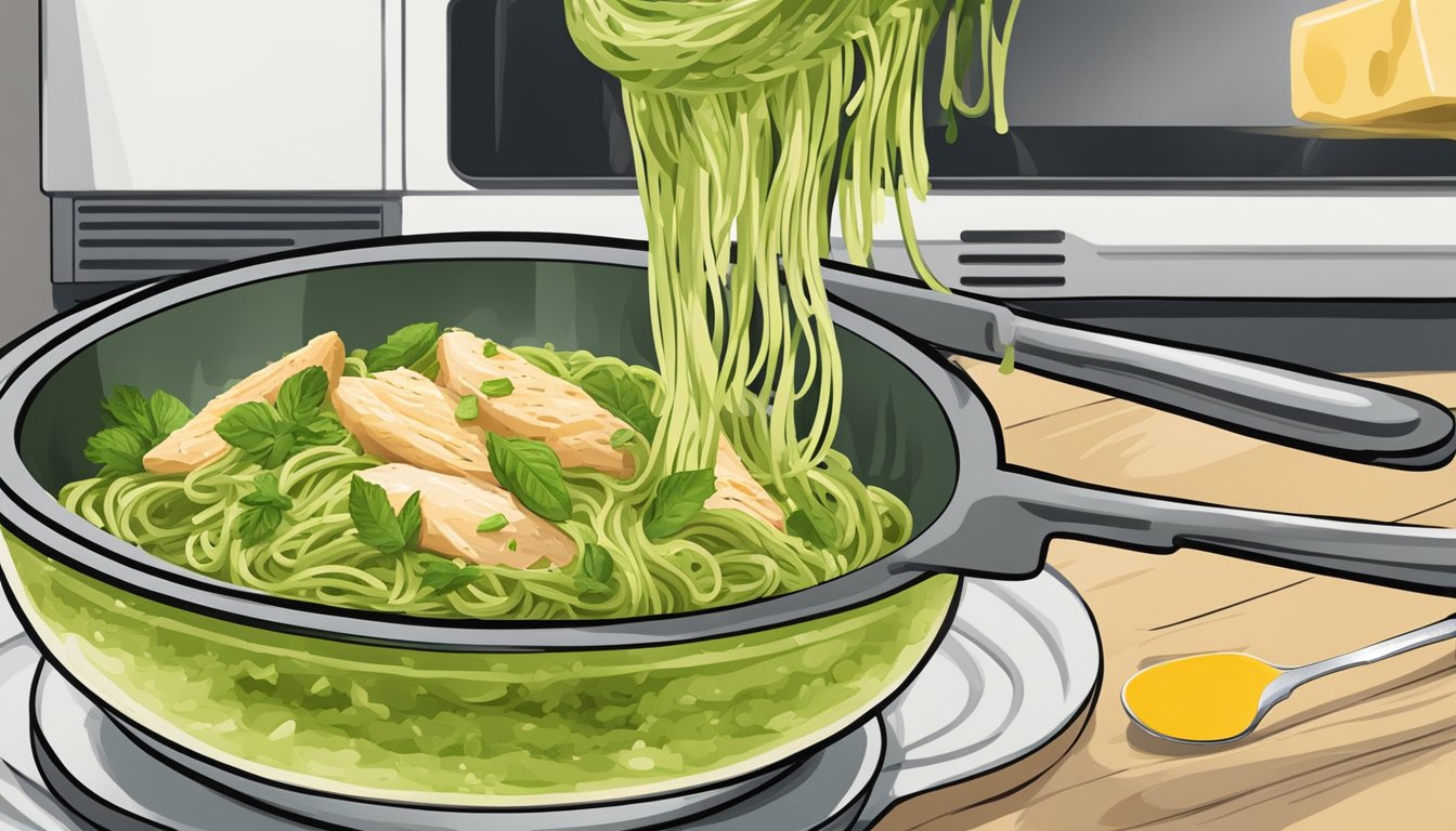 A steaming bowl of chicken pesto pasta being heated in a microwave. The vibrant green pesto sauce coats the tender pasta and chunks of savory chicken