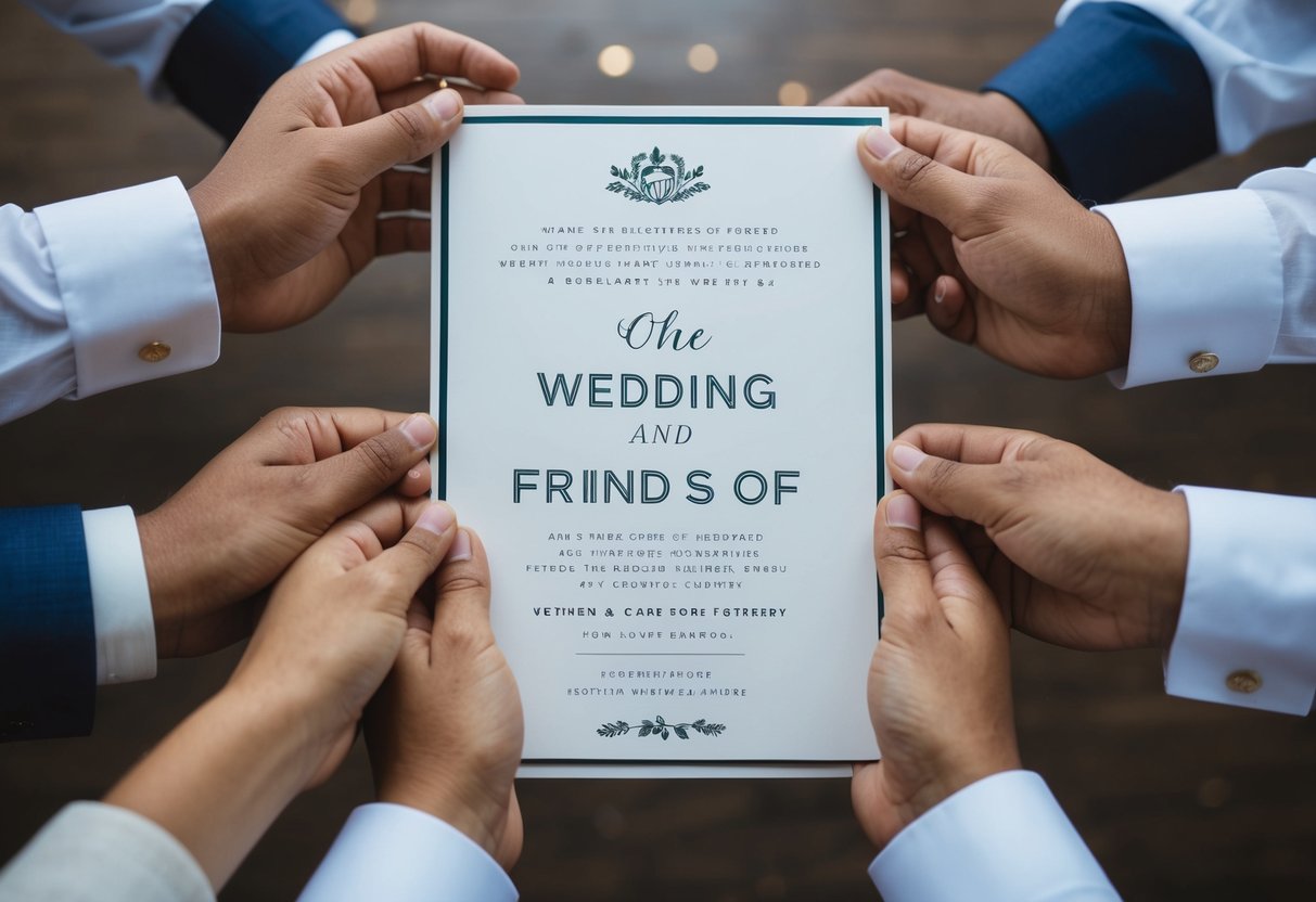 A wedding invitation with only one name listed, surrounded by a group of disappointed friends