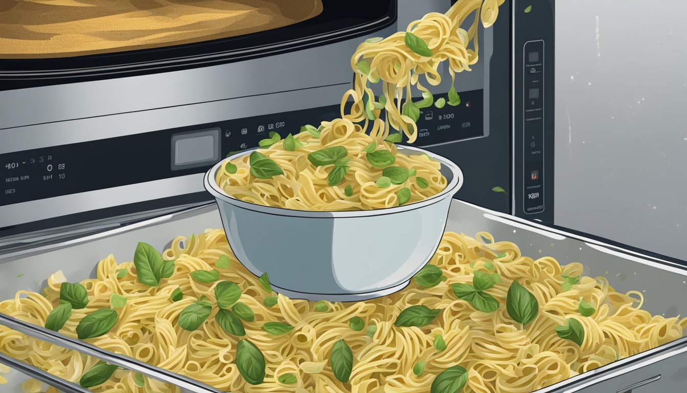 A steaming bowl of chicken pesto pasta being reheated in a microwave. Various types of pasta scattered around