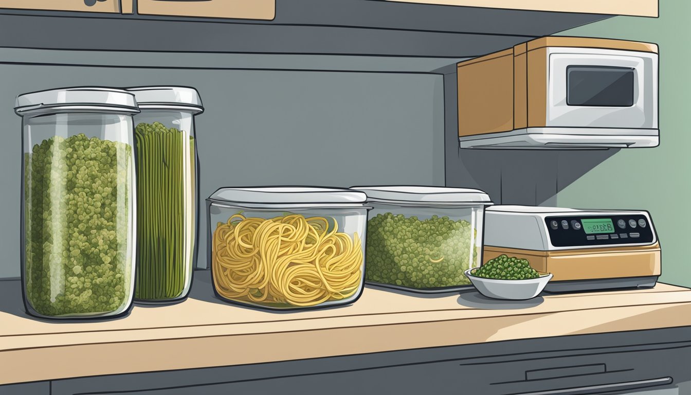 A glass container filled with pesto pasta sits on a shelf next to a refrigerator. A microwave is shown with a plate of reheated chicken pesto pasta inside