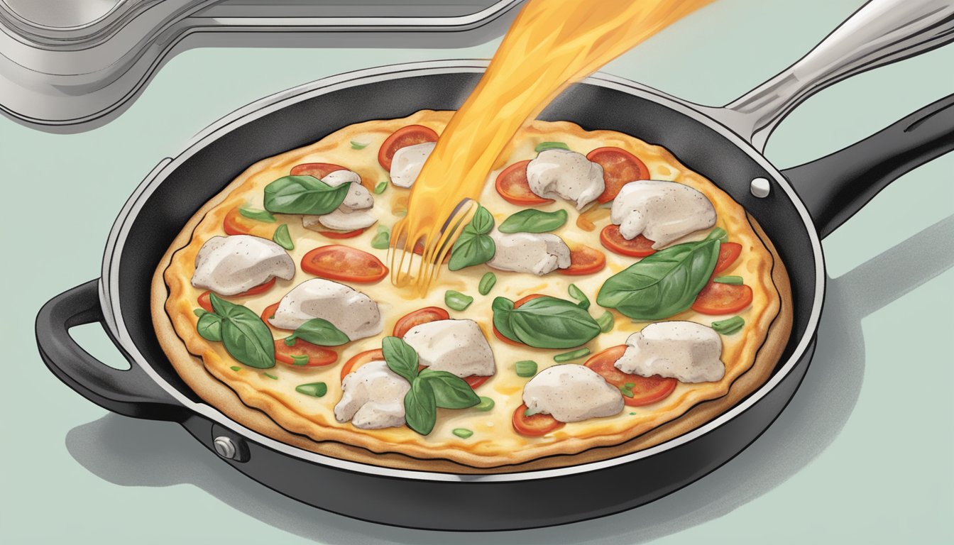 A skillet sizzling on a stovetop, with a slice of chicken ranch pizza being gently placed onto its surface for reheating