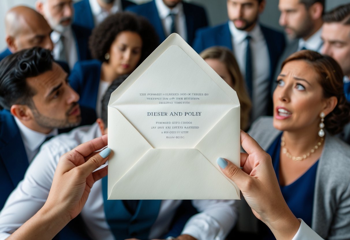 A wedding invitation with a single name on the envelope, surrounded by confused and frustrated guests discussing plus-one policies