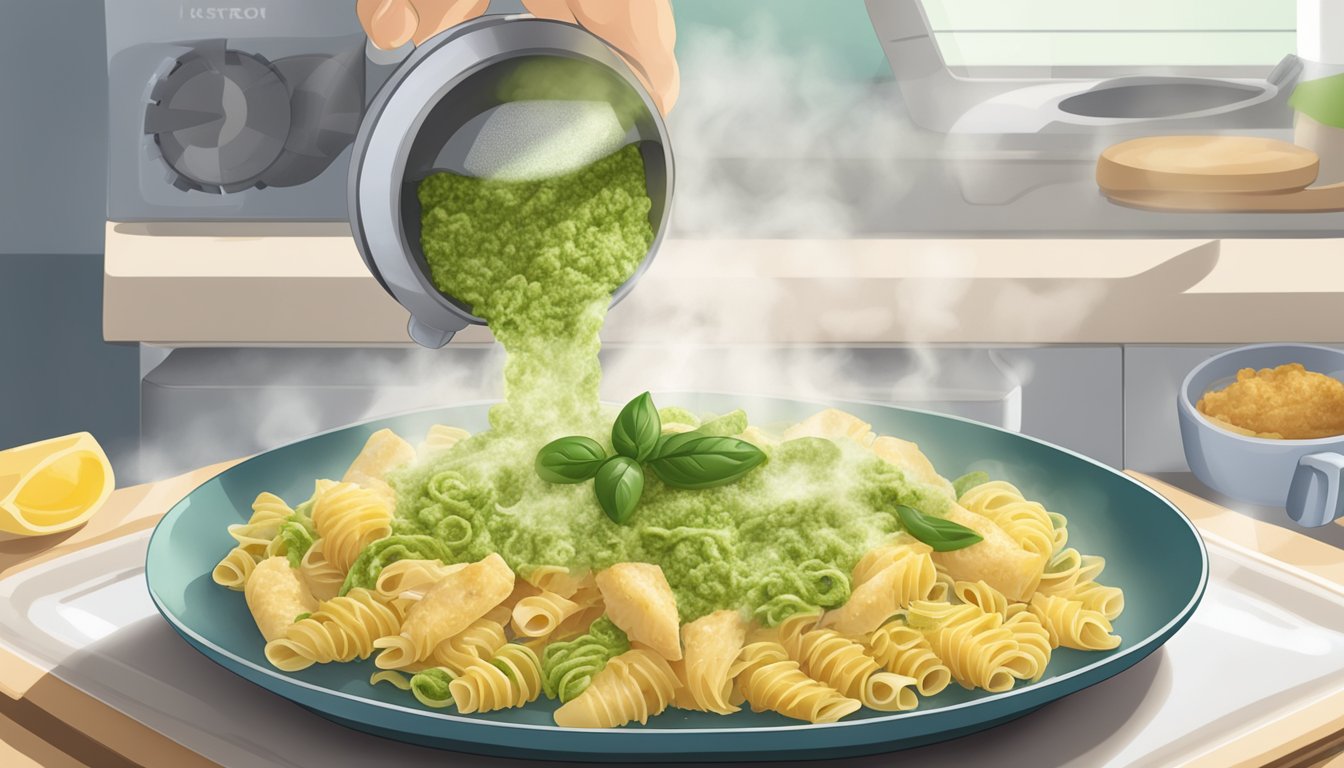 A plate of chicken pesto pasta being heated in a microwave, with steam rising from the dish