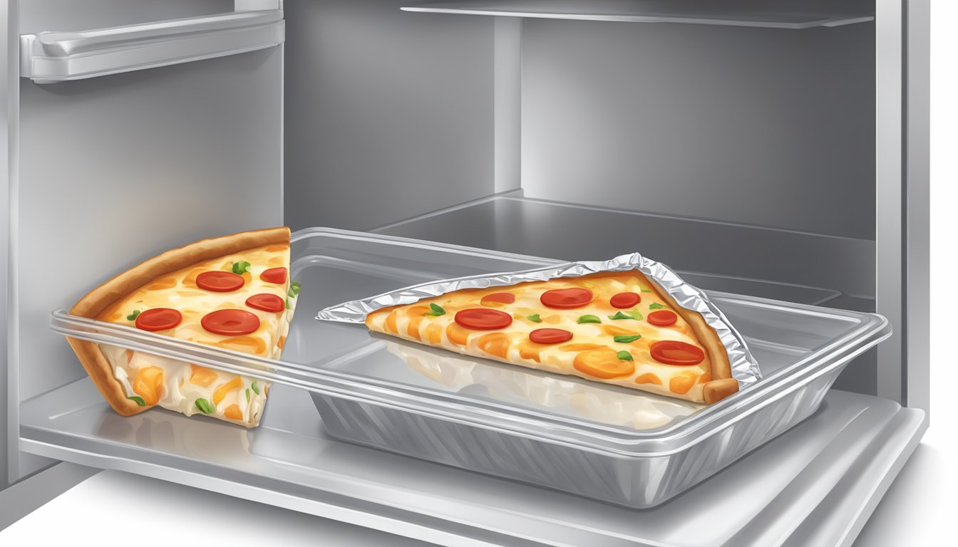 A slice of chicken ranch pizza wrapped in foil, placed in a plastic container with a lid, and stored in the refrigerator