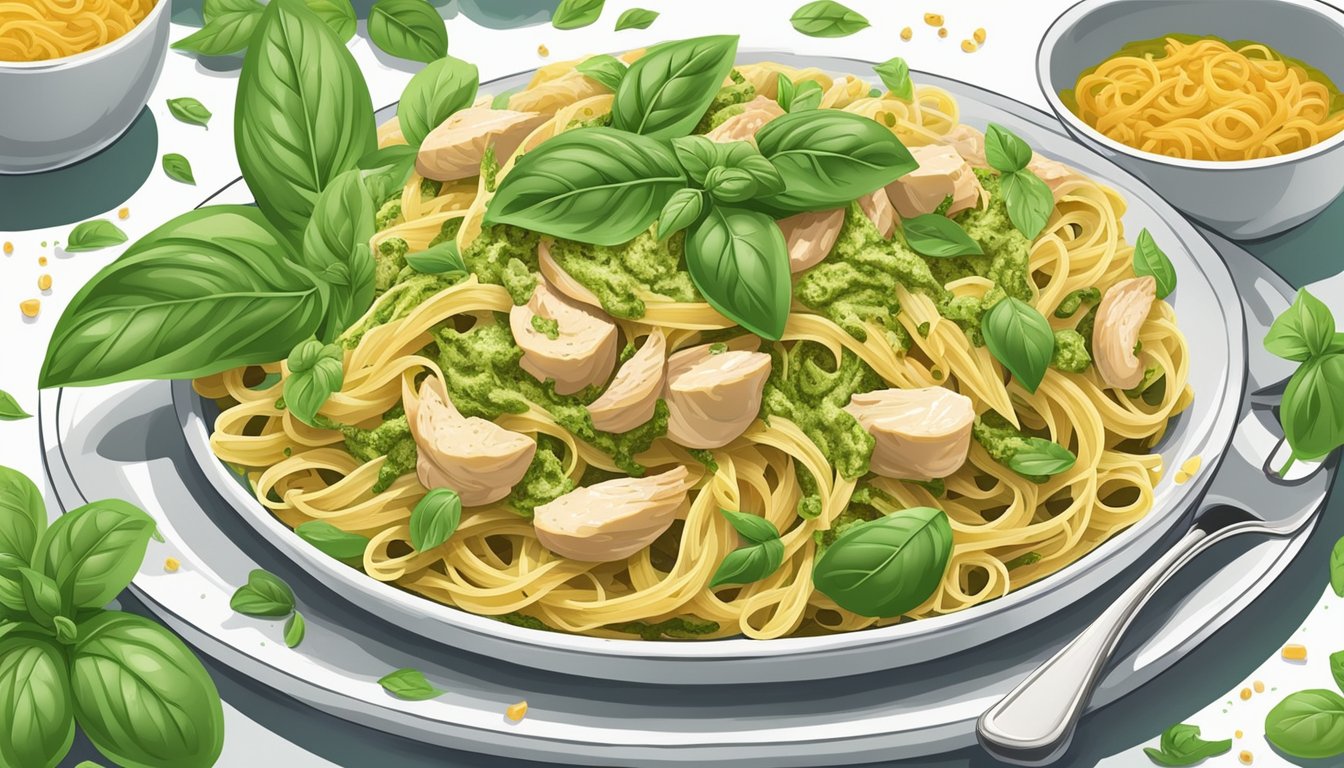 A fork twirls through a steaming plate of chicken pesto pasta, as vibrant green basil leaves are sprinkled on top for the finishing touch