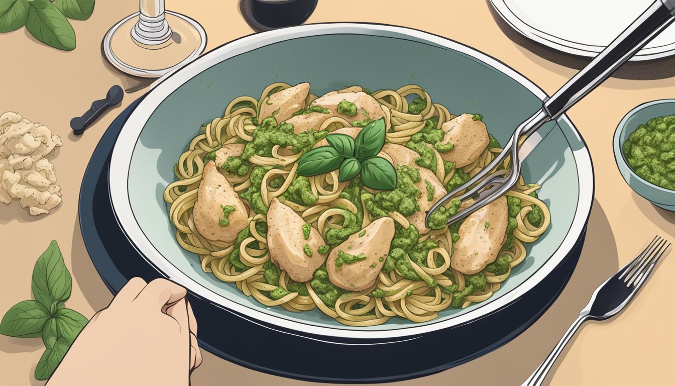 A hand reaching for a serving spoon and tongs next to a steaming bowl of chicken pesto pasta on a dining table