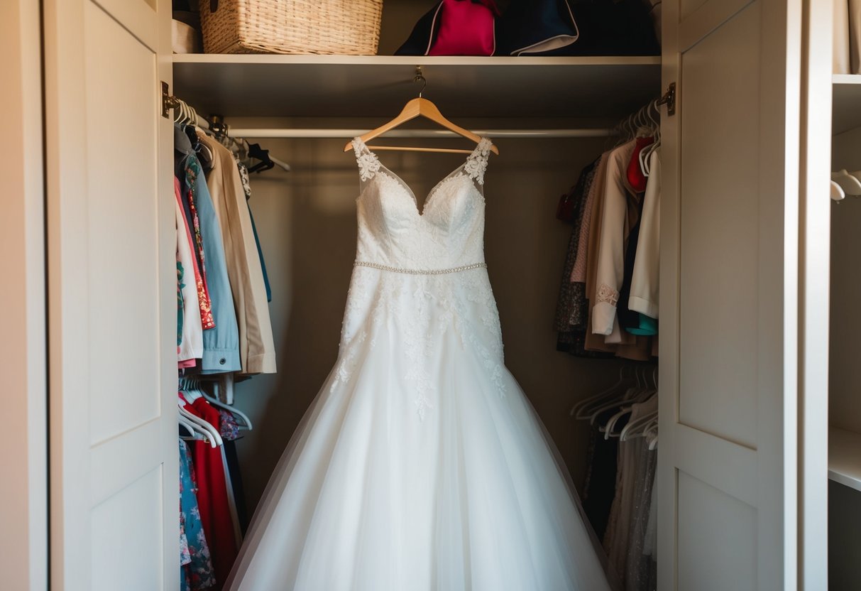 A wedding dress hidden in a closet, bathed in soft light
