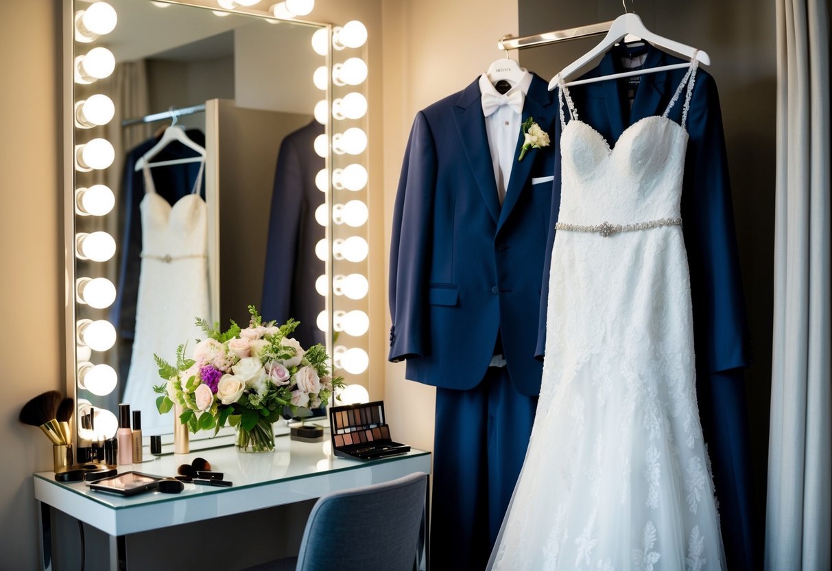 A bridal gown and a suit hang side by side, while a bouquet of flowers sits on a table. Makeup and hair accessories are scattered across the vanity