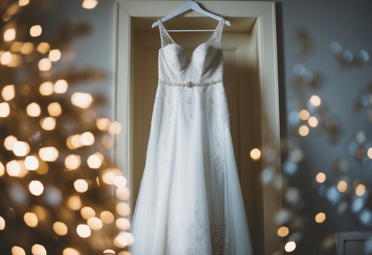 A bride's wedding dress hangs in a dimly lit room, draped in delicate lace and shimmering fabric, awaiting the moment when it will be revealed on the big day