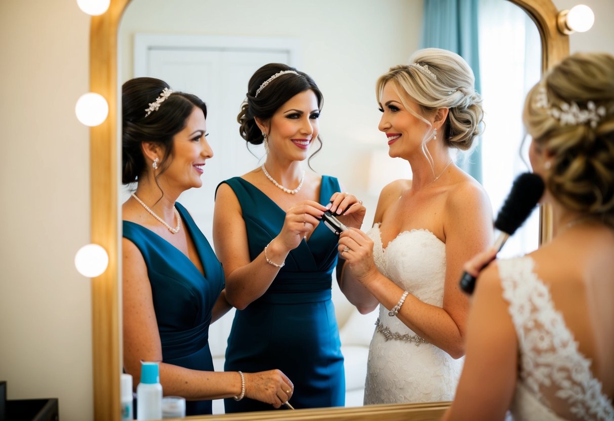 The mother of the groom and the bride stand together in front of a mirror, helping each other with their hair and makeup for the wedding day