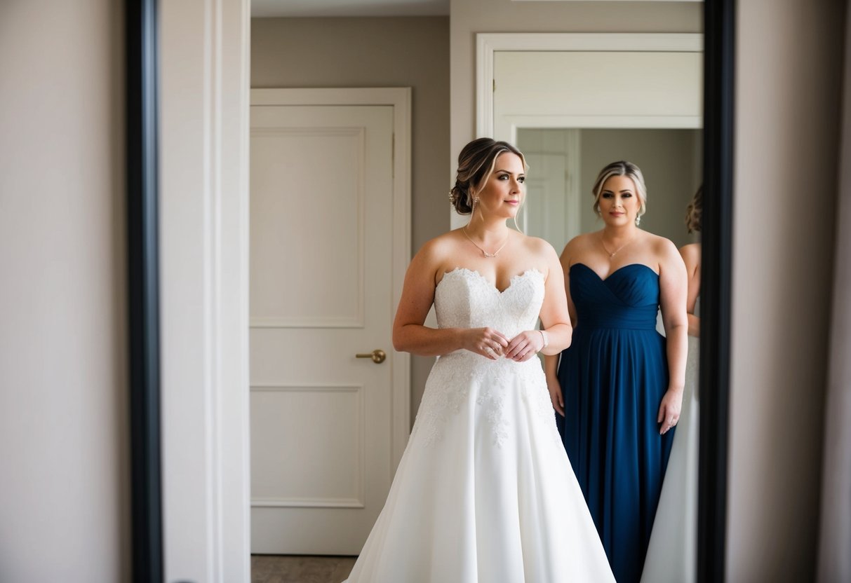 A woman stands in front of a full-length mirror, holding her wedding dress in front of her. She looks contemplative, with the dress partially covering her