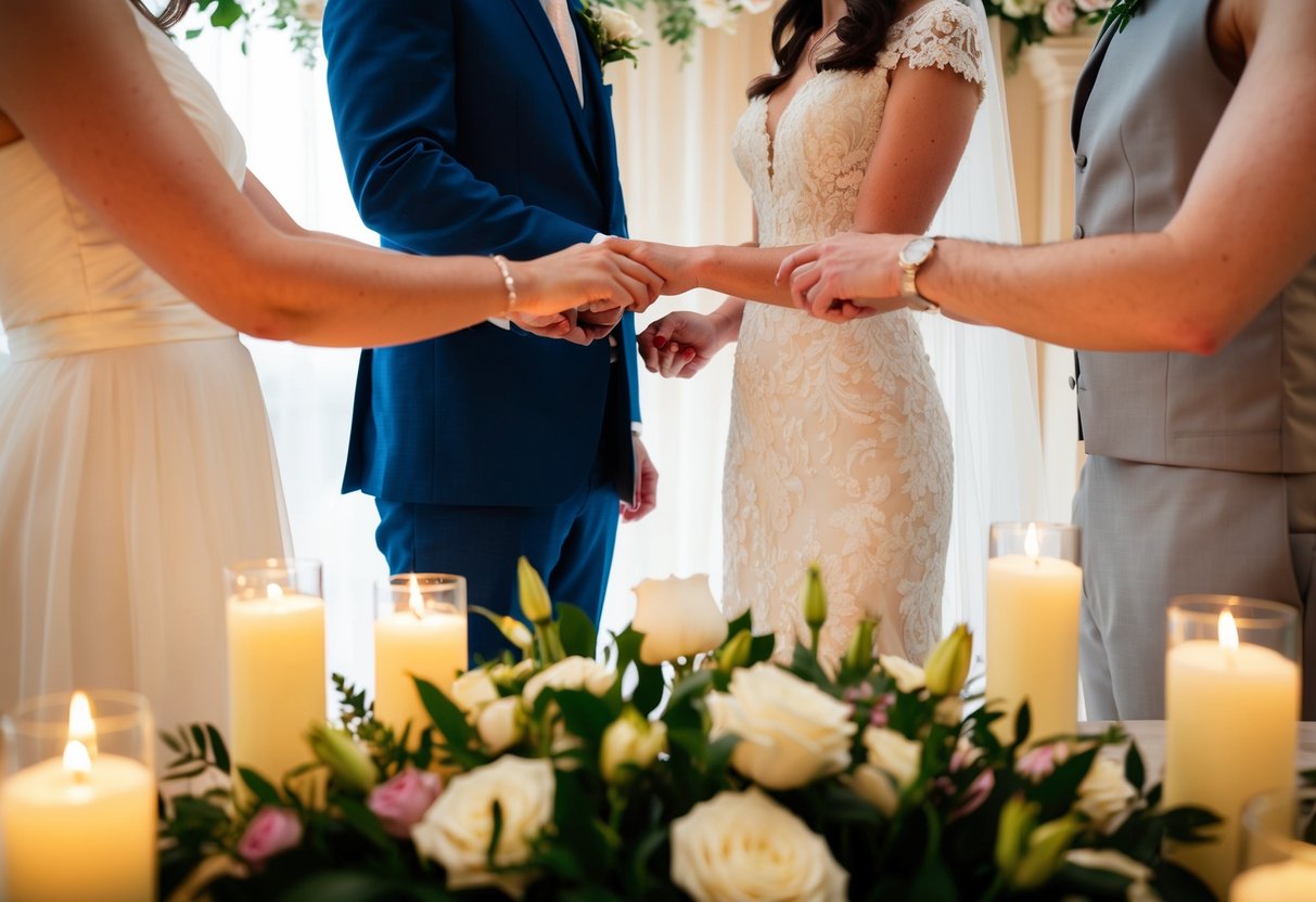 A bride and groom standing face to face, surrounded by flowers and candles, exchanging vows