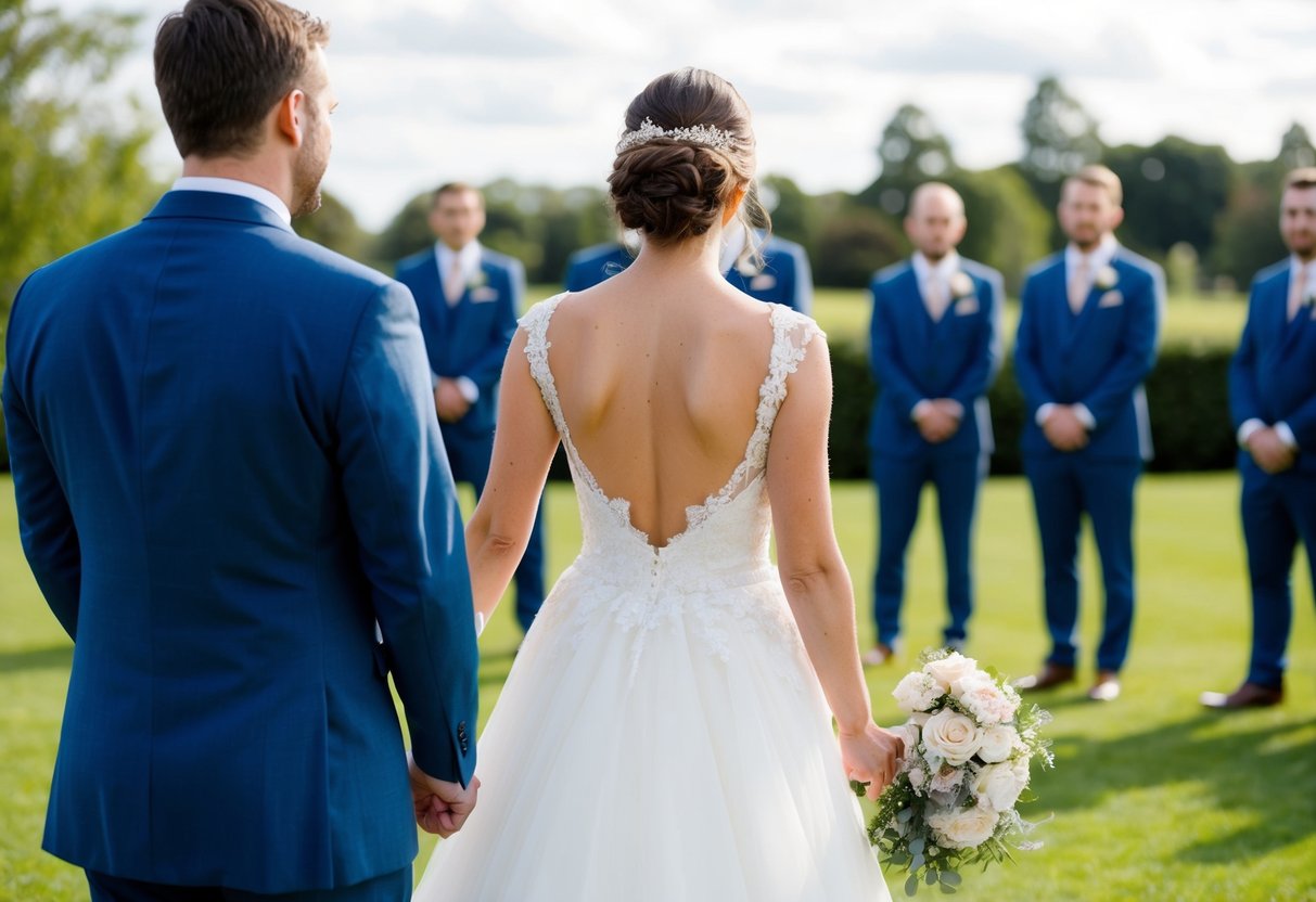 A bride stands in her wedding dress, facing away from her husband who is waiting to see her for the first time. She holds a bouquet of flowers, her back to him, creating a sense of anticipation and emotional impact