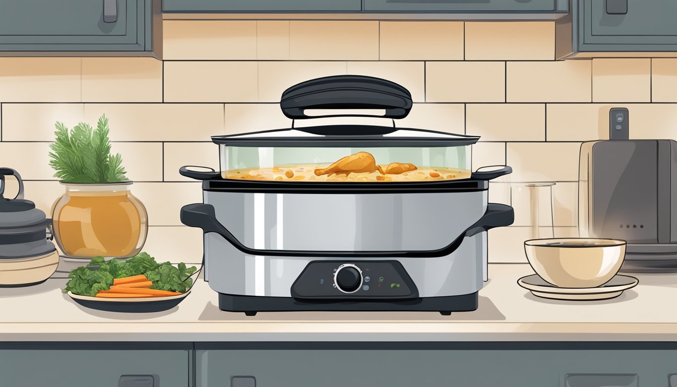 A steaming bowl of chicken soup sits on a stovetop, surrounded by various reheating methods such as a microwave, stovetop pot, and slow cooker