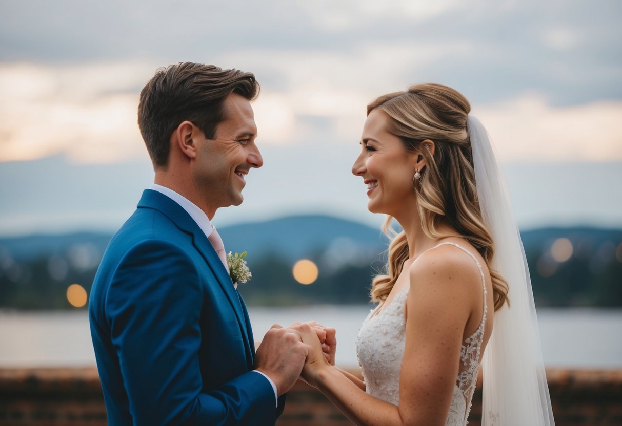 A couple standing face to face, exchanging vows with a serene and joyful expression