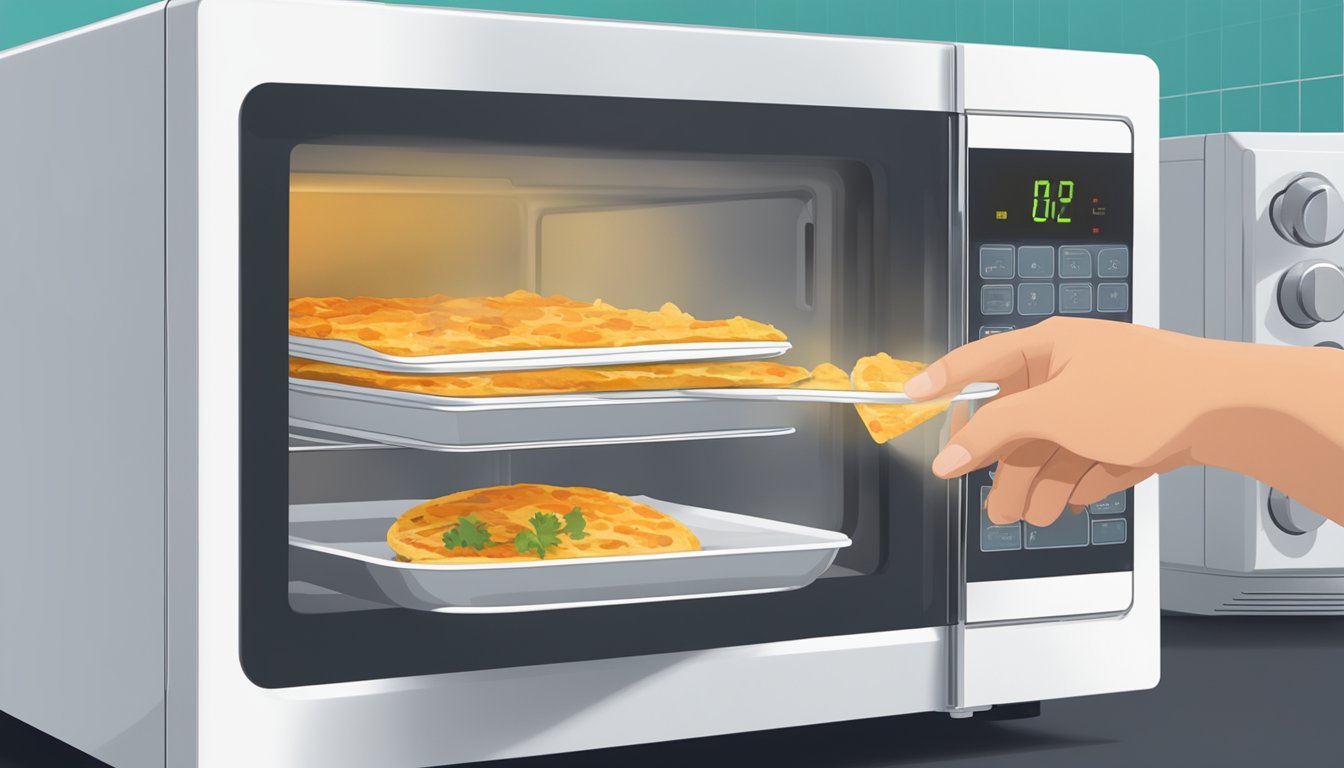 A microwave with an open door, a plate of chicken quesadillas inside, and a person's hand pressing buttons