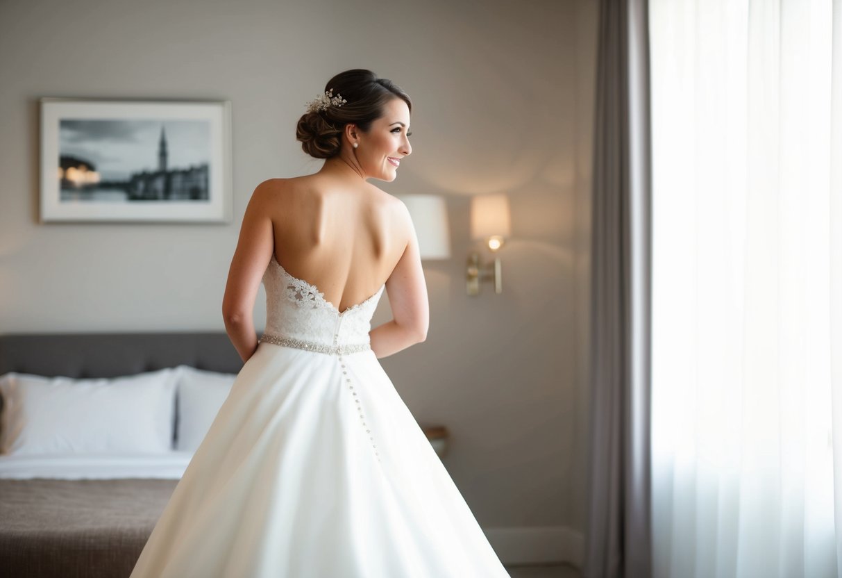 A bride holding her wedding dress behind her back, looking over her shoulder to see if her husband is watching