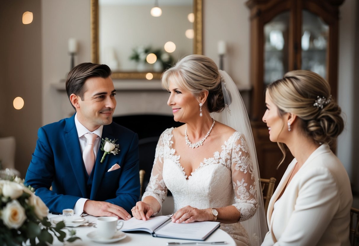The mother of the groom and the bride sit together, discussing and planning the upcoming wedding day