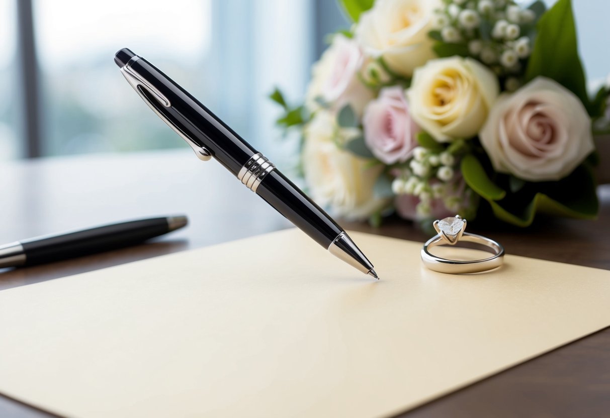 A pen hovering over a blank sheet of paper, with a wedding ring and a bouquet of flowers in the background